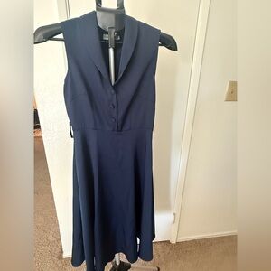 Sleeveless Navy Midi Dress with Shawl Collar and Button Front
